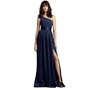 VERA WANG White Women’s Navy One Shoulder Belted Maxi Gown Size 10